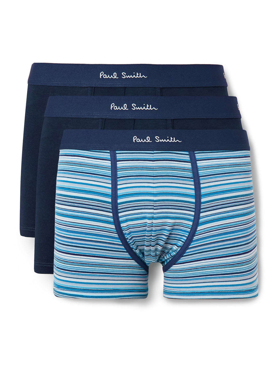 Shop Paul Smith Three-pack Striped Stretch Organic Cotton-jersey Boxer Briefs In Blue