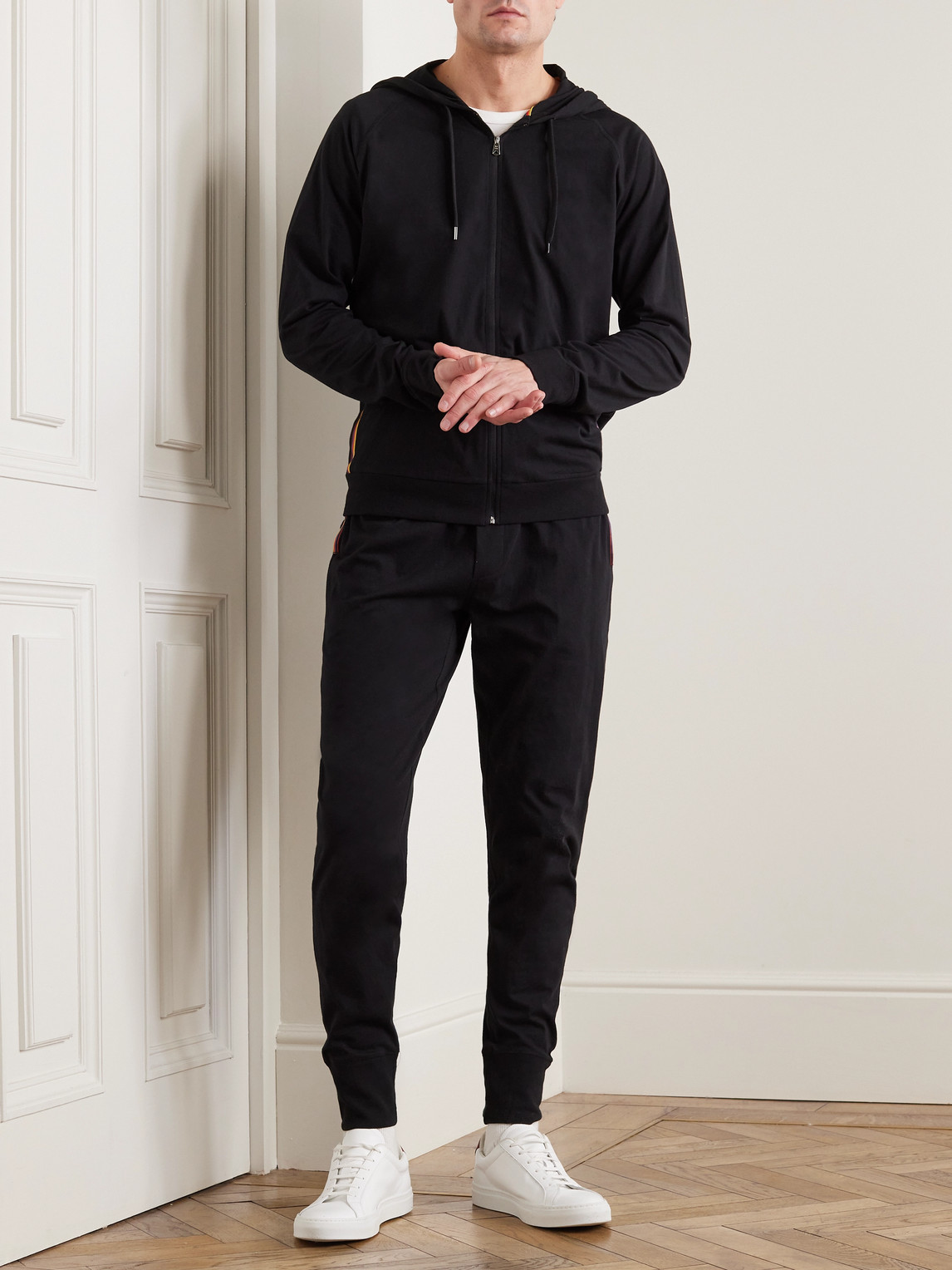 Paul Smith Grosgrain-trimmed Cotton-jersey Zip-up Hoodie In Black
