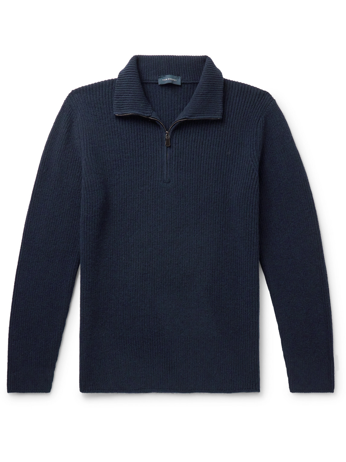 Thom Sweeney Ribbed Merino Wool And Cashmere-blend Half-zip Jumper In Blue