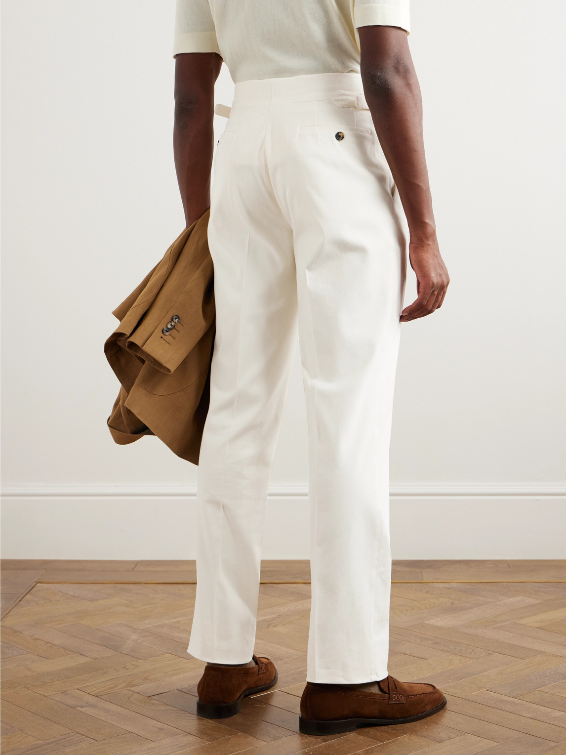 Shop Thom Sweeney Slim-fit Straight-leg Pleated Cotton-blend Twill Trousers In Neutrals