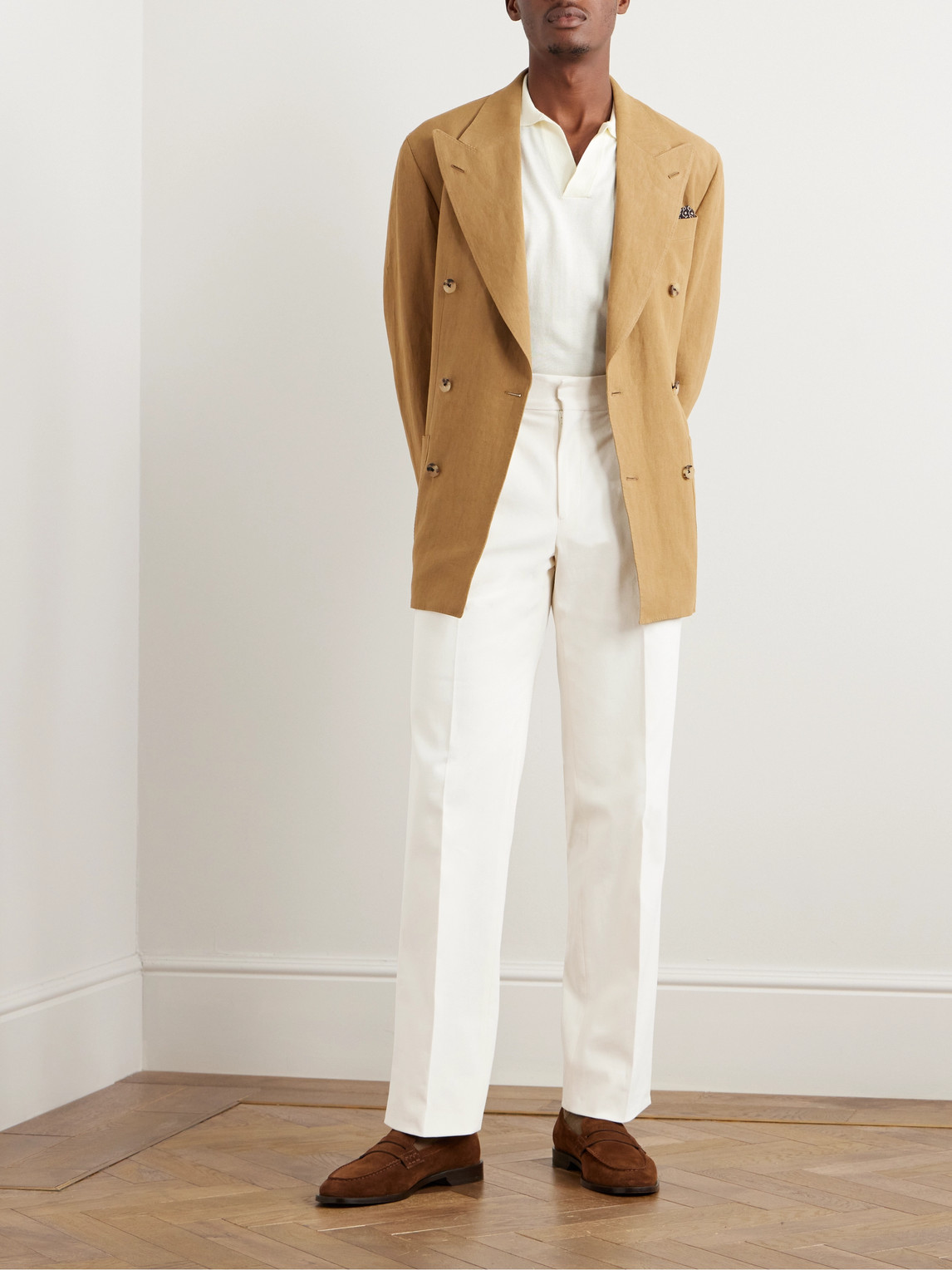 Shop Thom Sweeney Slim-fit Straight-leg Pleated Cotton-blend Twill Trousers In Neutrals