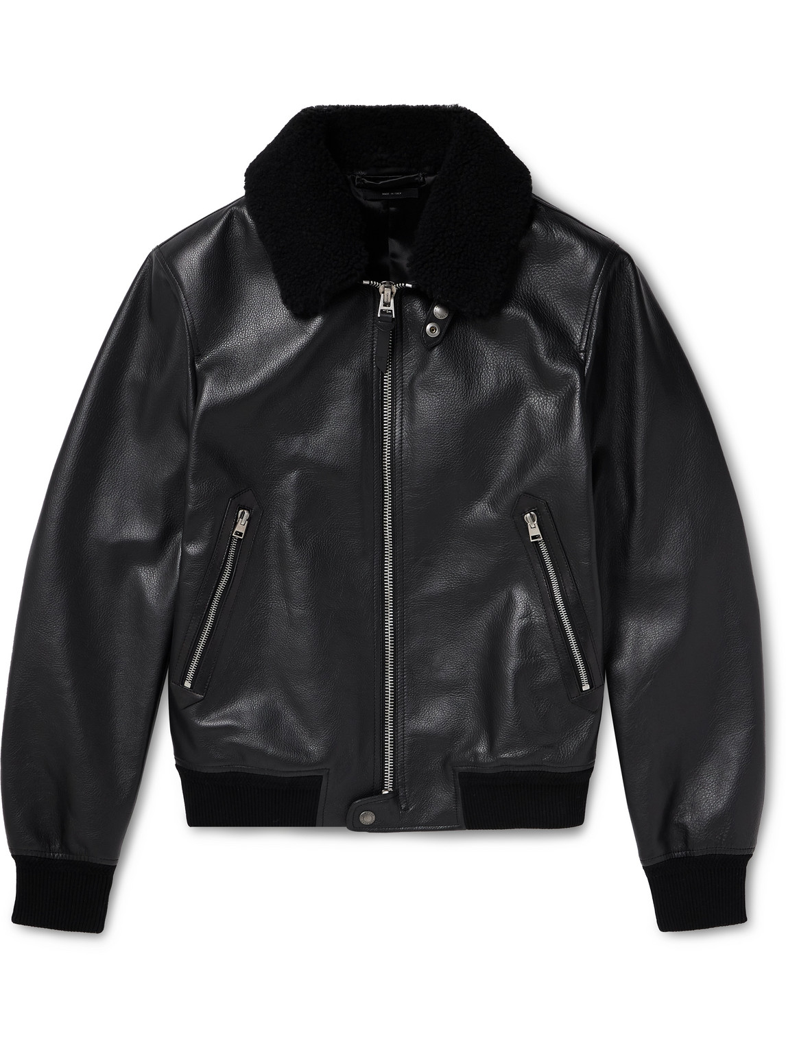 Tom Ford Shearling-trimmed Full-grain Leather Bomber Jacket In Black
