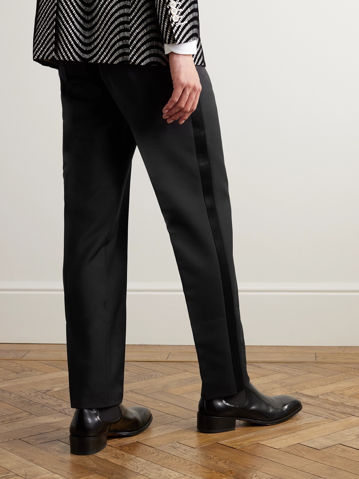 Shop Tom Ford Slim-fit Straight-leg Satin-trimmed Mohair And Wool-blend Tuxedo Trousers In Black