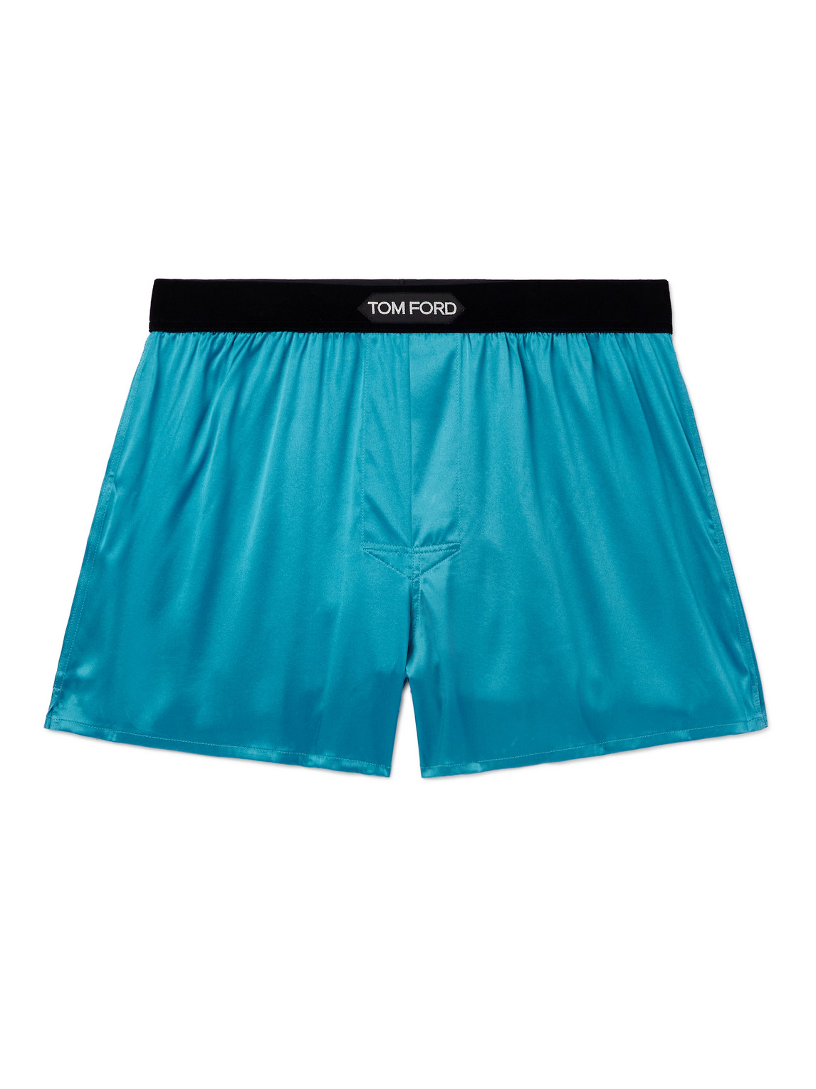 Tom Ford Velvet-trimmed Stretch-silk Satin Boxer Shorts In Blue