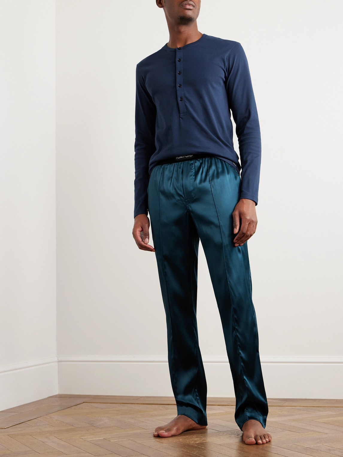 Shop Tom Ford Velvet-trimmed Stretch-silk Satin Pyjama Trousers In Blue