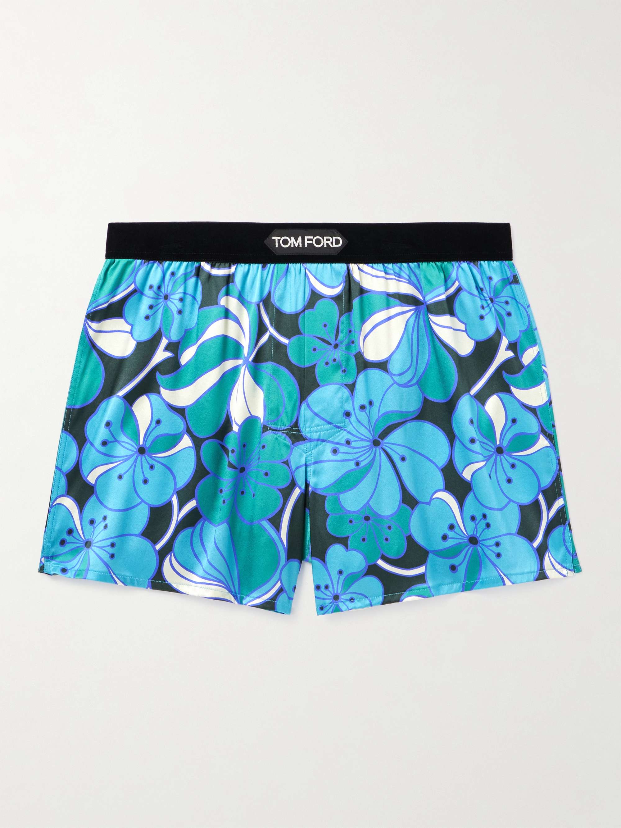 TOM FORD Floral-Print Velvet-Trimmed Stretch-Silk Satin Boxer Shorts ...