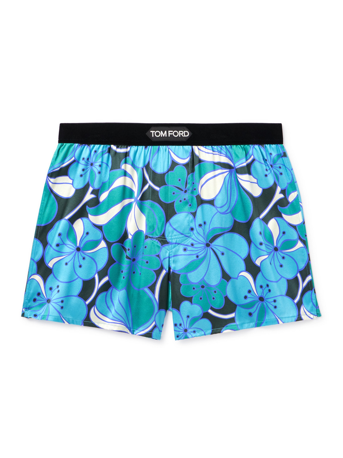 Tom Ford Floral-print Velvet-trimmed Stretch-silk Satin Boxer Shorts In Blue