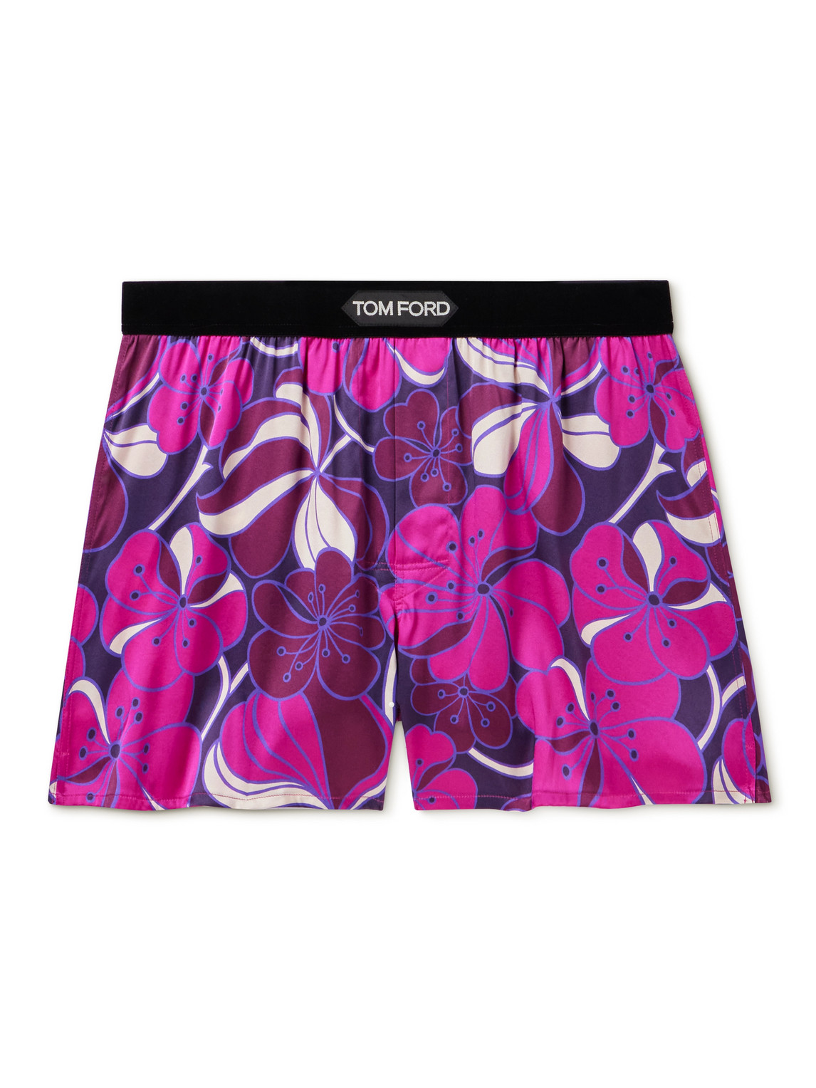 Tom Ford Floral-print Velvet-trimmed Stretch-silk Satin Boxer Shorts In Purple