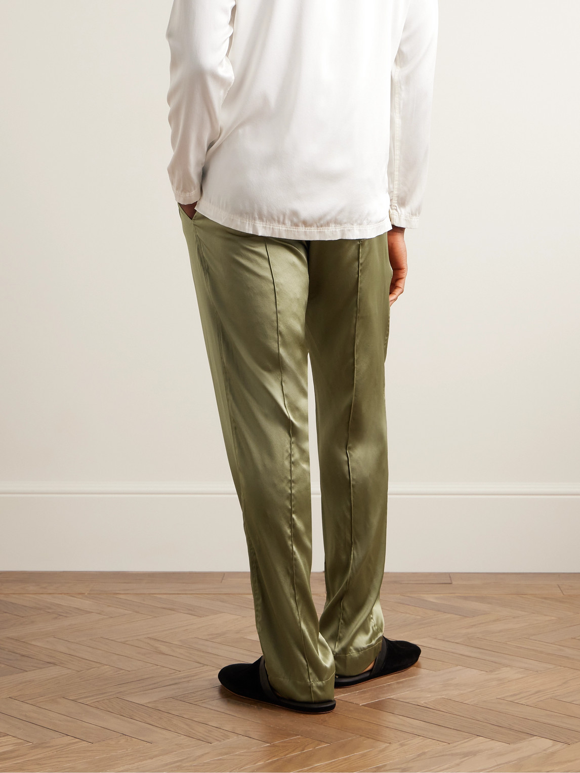 Shop Tom Ford Velvet-trimmed Stretch-silk Satin Pyjama Trousers In Green