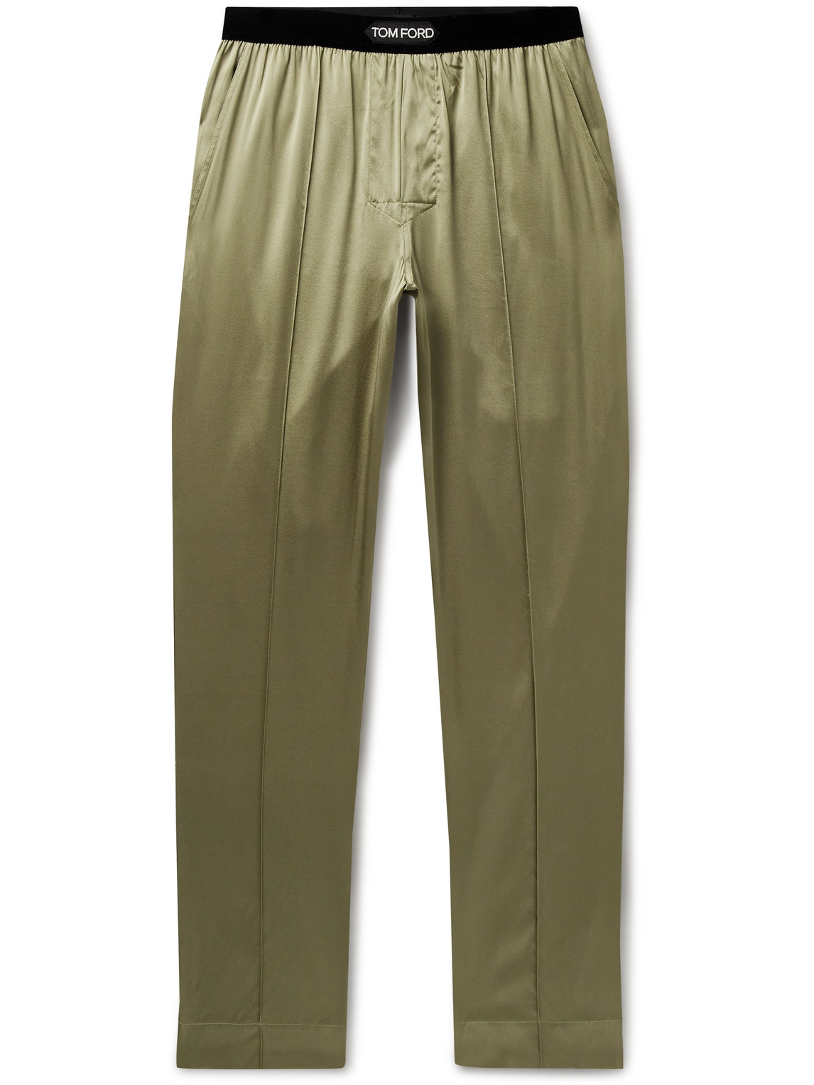 Tom Ford Velvet-trimmed Stretch-silk Satin Pyjama Trousers In Green