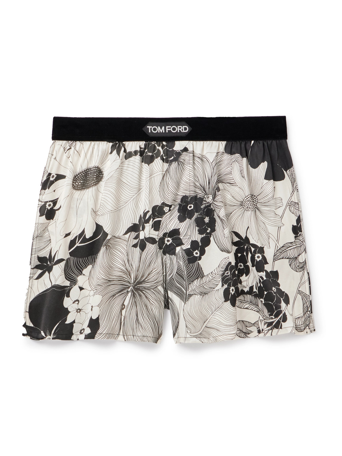 Tom Ford Floral-print Velvet-trimmed Stretch-silk Satin Boxer Shorts In White