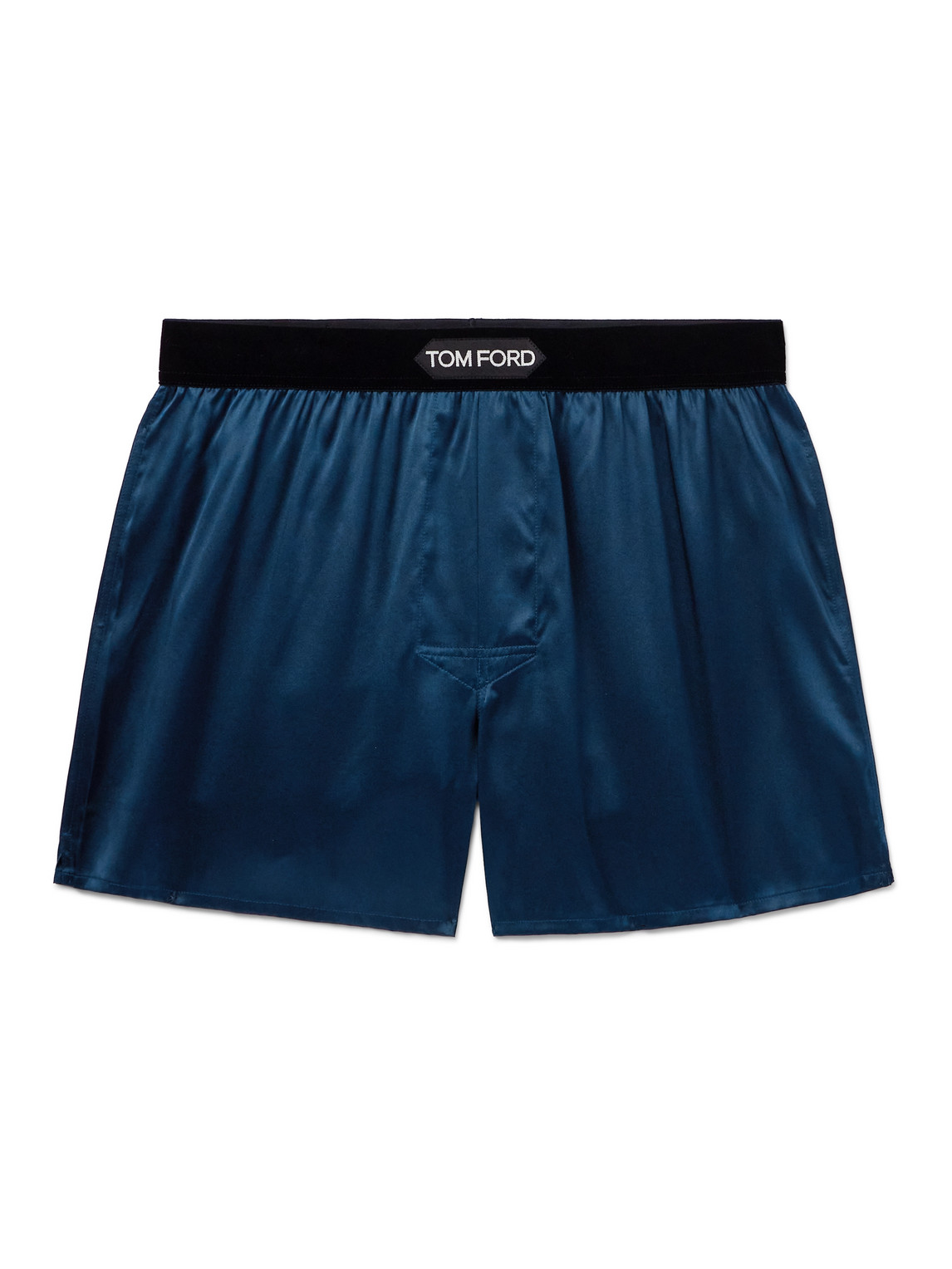 Tom Ford Velvet-trimmed Stretch-silk Satin Boxer Shorts In Blue
