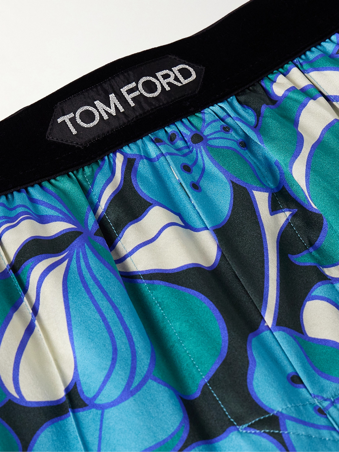 Shop Tom Ford Straight-leg Velvet-trimmed Printed Stretch-silk Pyjama Trousers In Blue