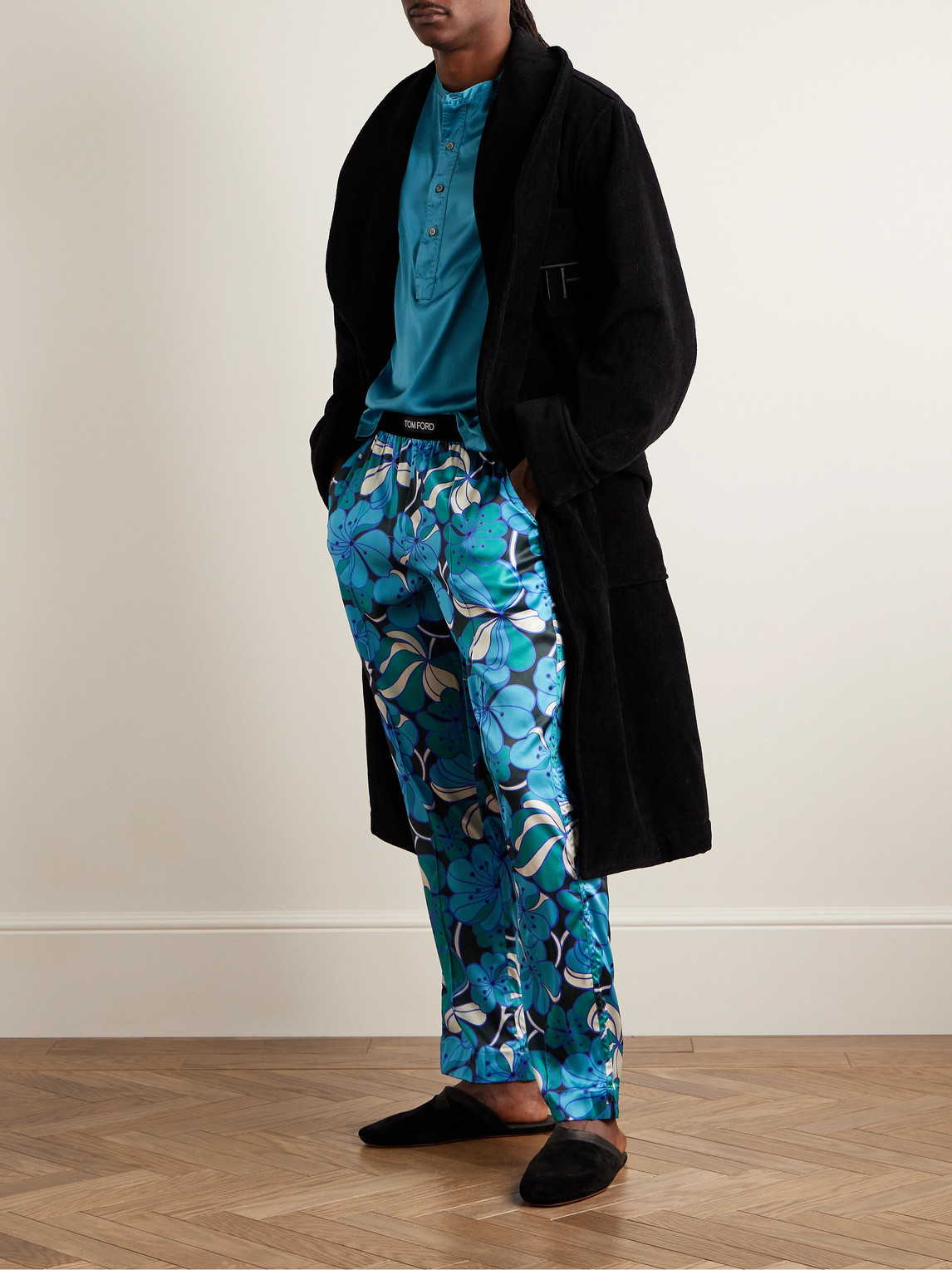 Shop Tom Ford Straight-leg Velvet-trimmed Printed Stretch-silk Pyjama Trousers In Blue