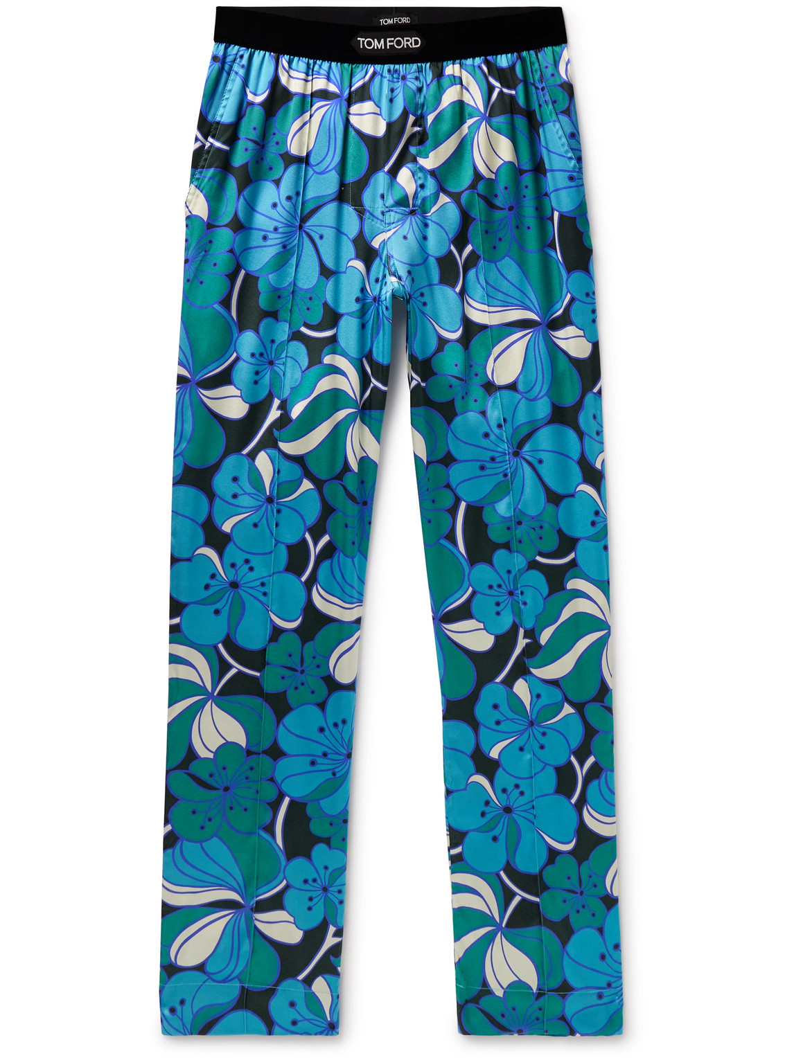 Tom Ford Straight-leg Velvet-trimmed Printed Stretch-silk Pyjama Trousers In Blue