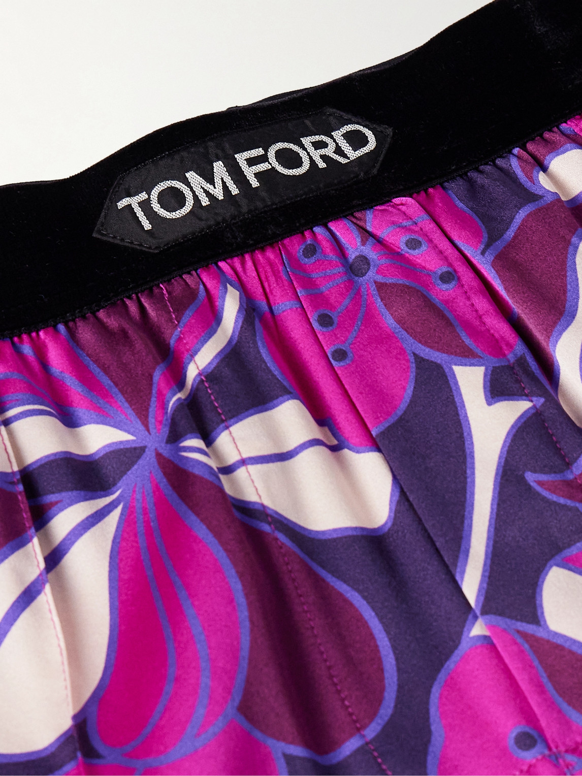 Shop Tom Ford Straight-leg Velvet-trimmed Printed Stretch-silk Pyjama Trousers In Purple