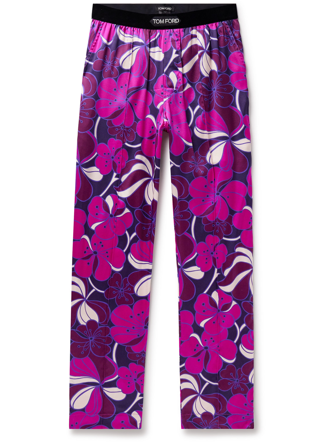 Tom Ford Straight-leg Velvet-trimmed Printed Stretch-silk Pyjama Trousers In Purple