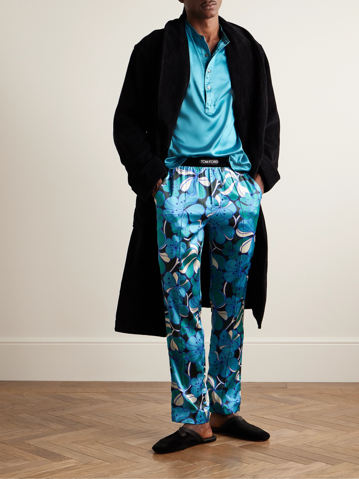 Shop Tom Ford Stretch-silk Satin Henley Pyjama Top In Blue