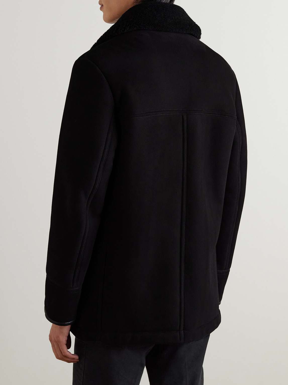 Shop Tom Ford Leather-trimmed Shearling Peacoat In Black