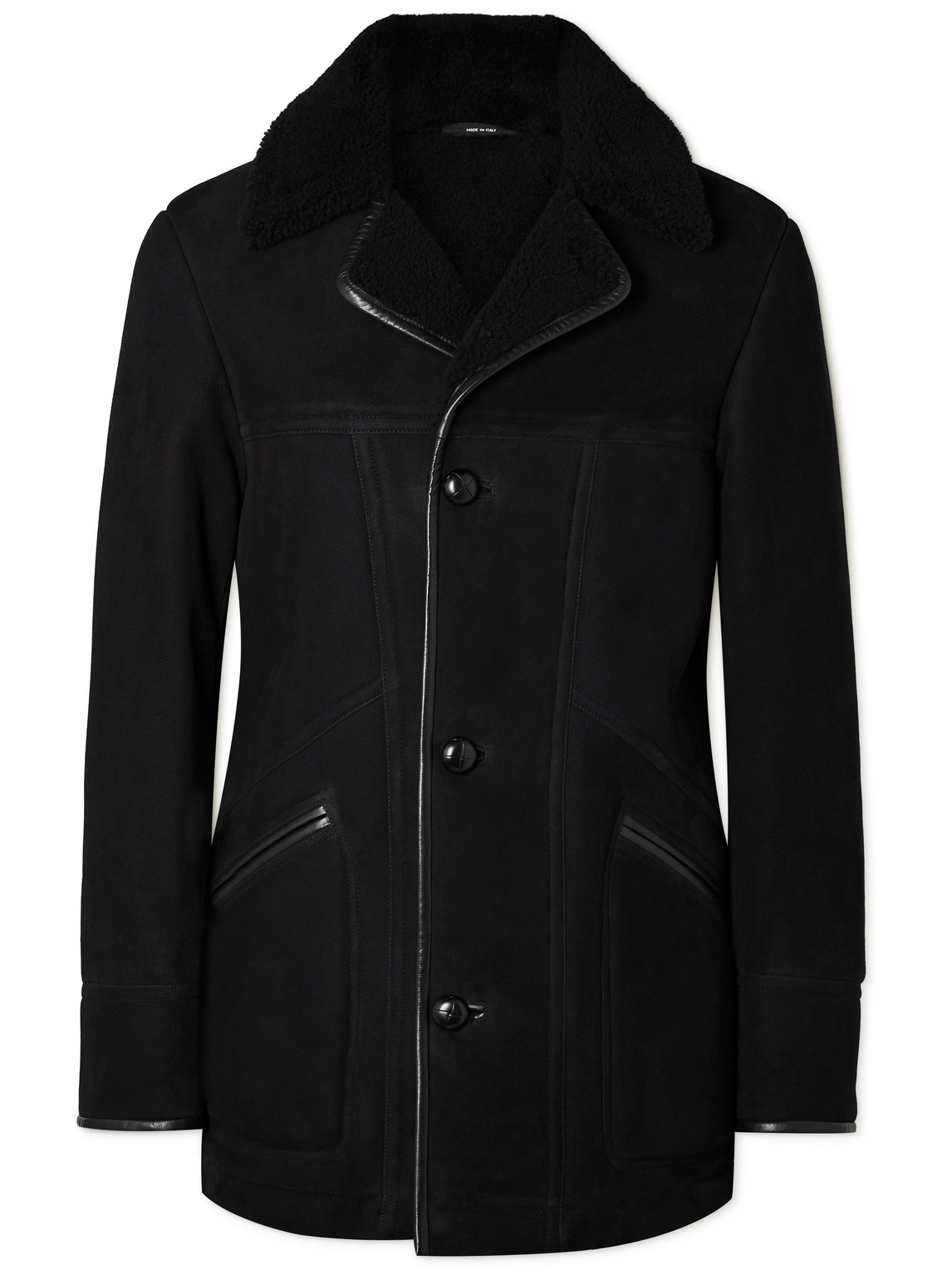 Tom Ford Leather-trimmed Shearling Peacoat In Black