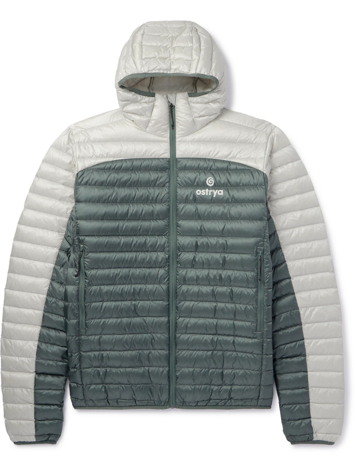 OSTRYA THROWING FITS SAPWOOD LOGO-PRINT COLOUR-BLOCK QUILTED RIPSTOP HOODED DOWN JACKET