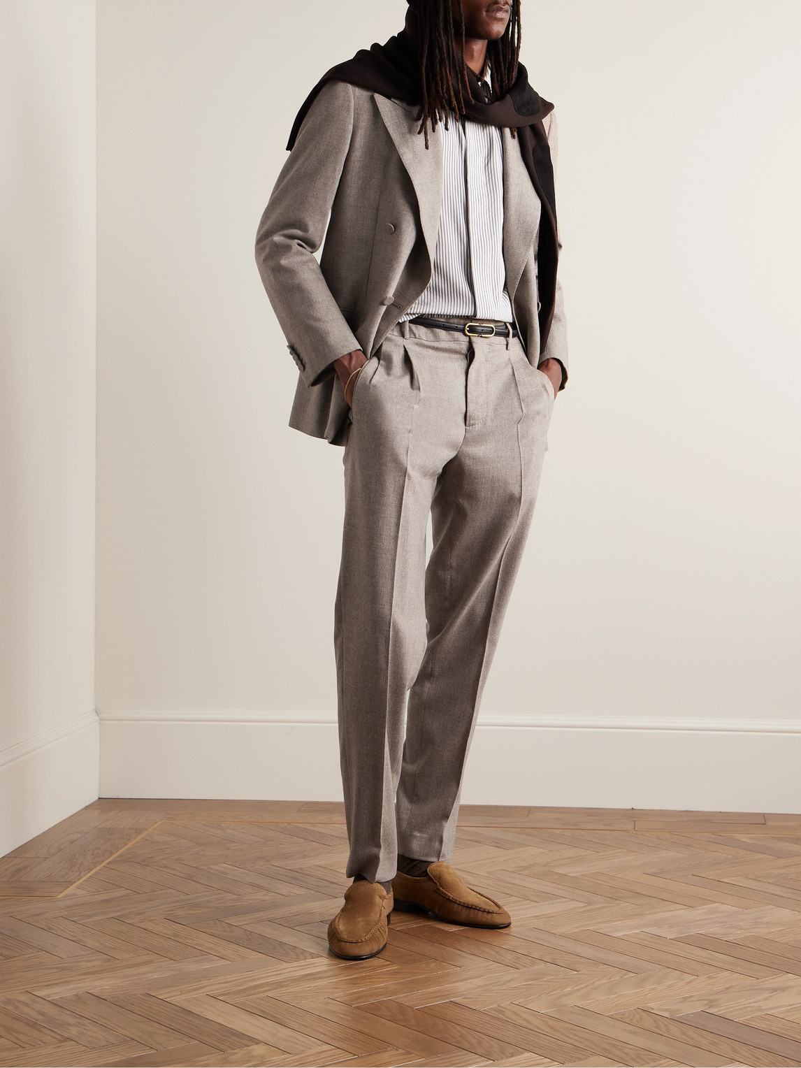 Shop Umit Benan B+ Slim-fit Pleated Virgin Wool And Cashmere-blend Suit Trousers In Brown