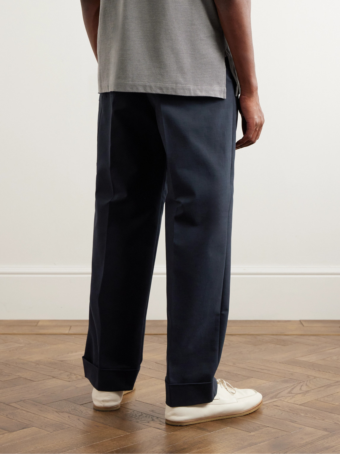 Shop Umit Benan B+ Straight-leg Pleated Cotton Trousers In Blue