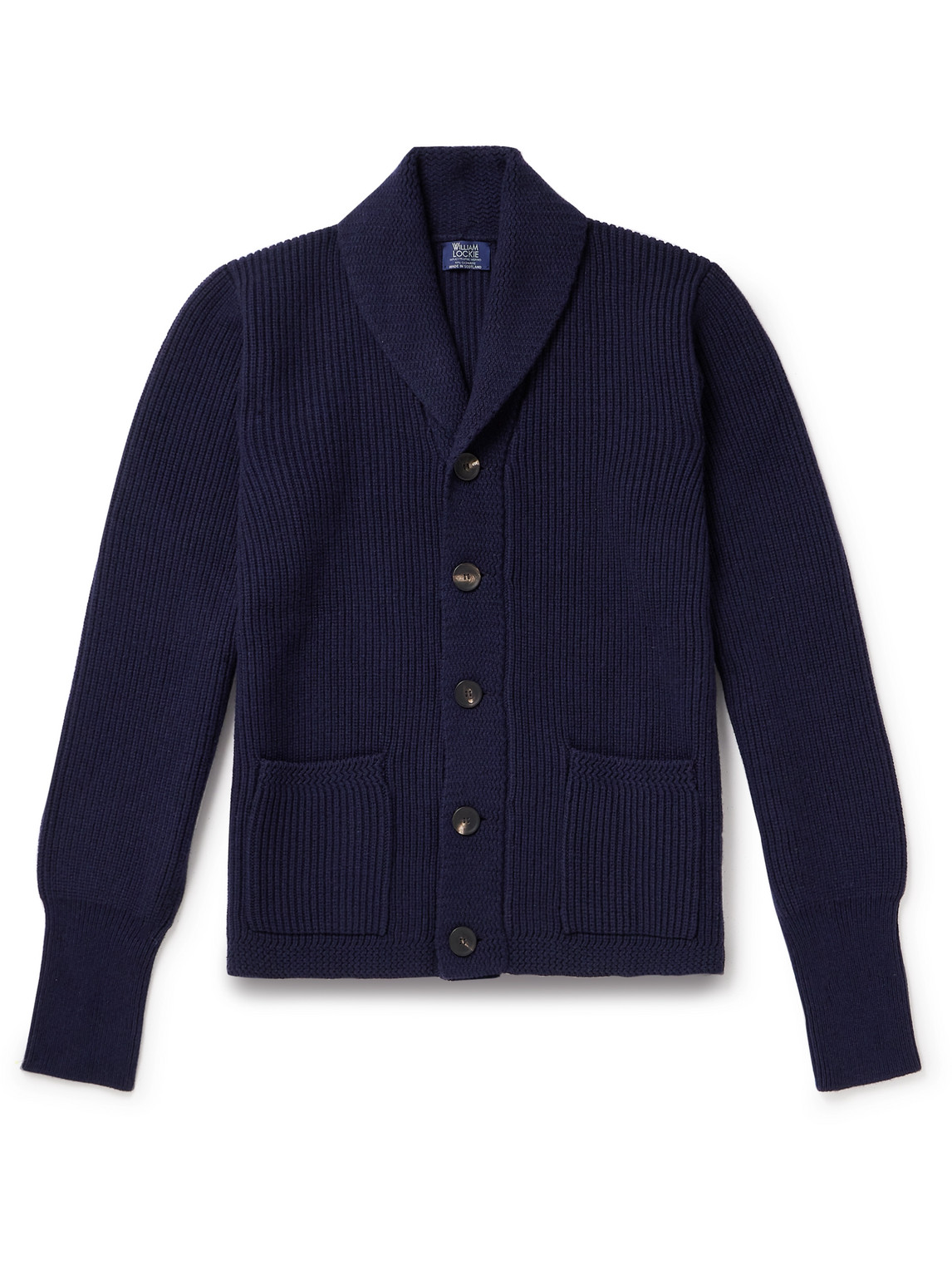 William Lockie Duncan Shawl-collar Ribbed Merino Wool And Cashmere-blend Cardigan In Blue
