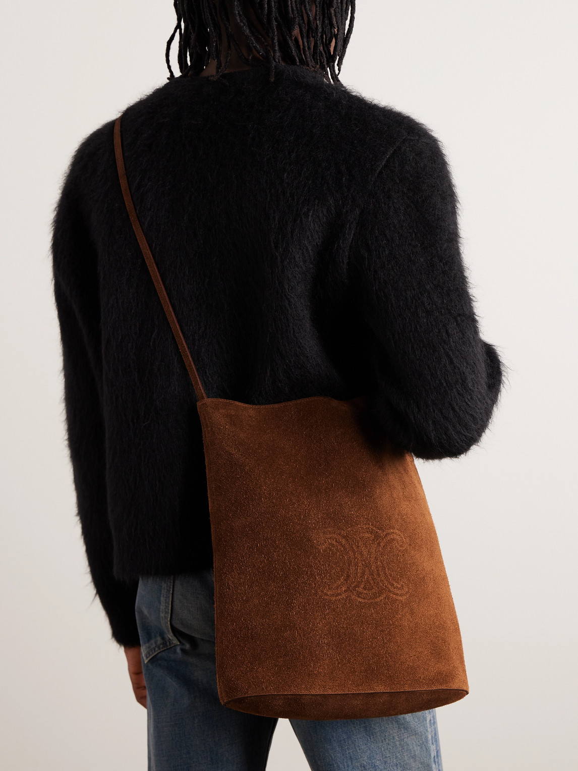 Celine Logo-embossed Suede Tote Bag In Brown