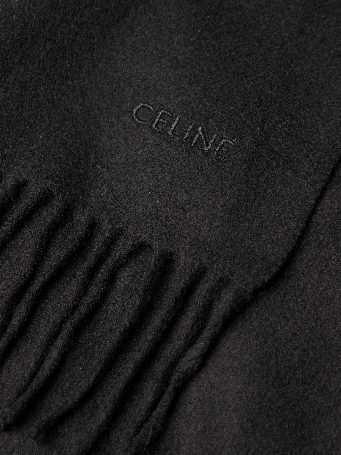 Celine Logo-embroidered Fringed Cashmere Scarf In Black
