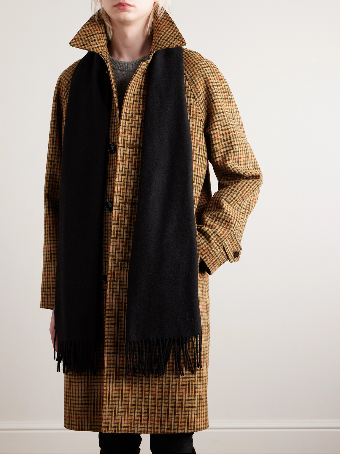 Celine Logo-embroidered Fringed Cashmere Scarf In Black