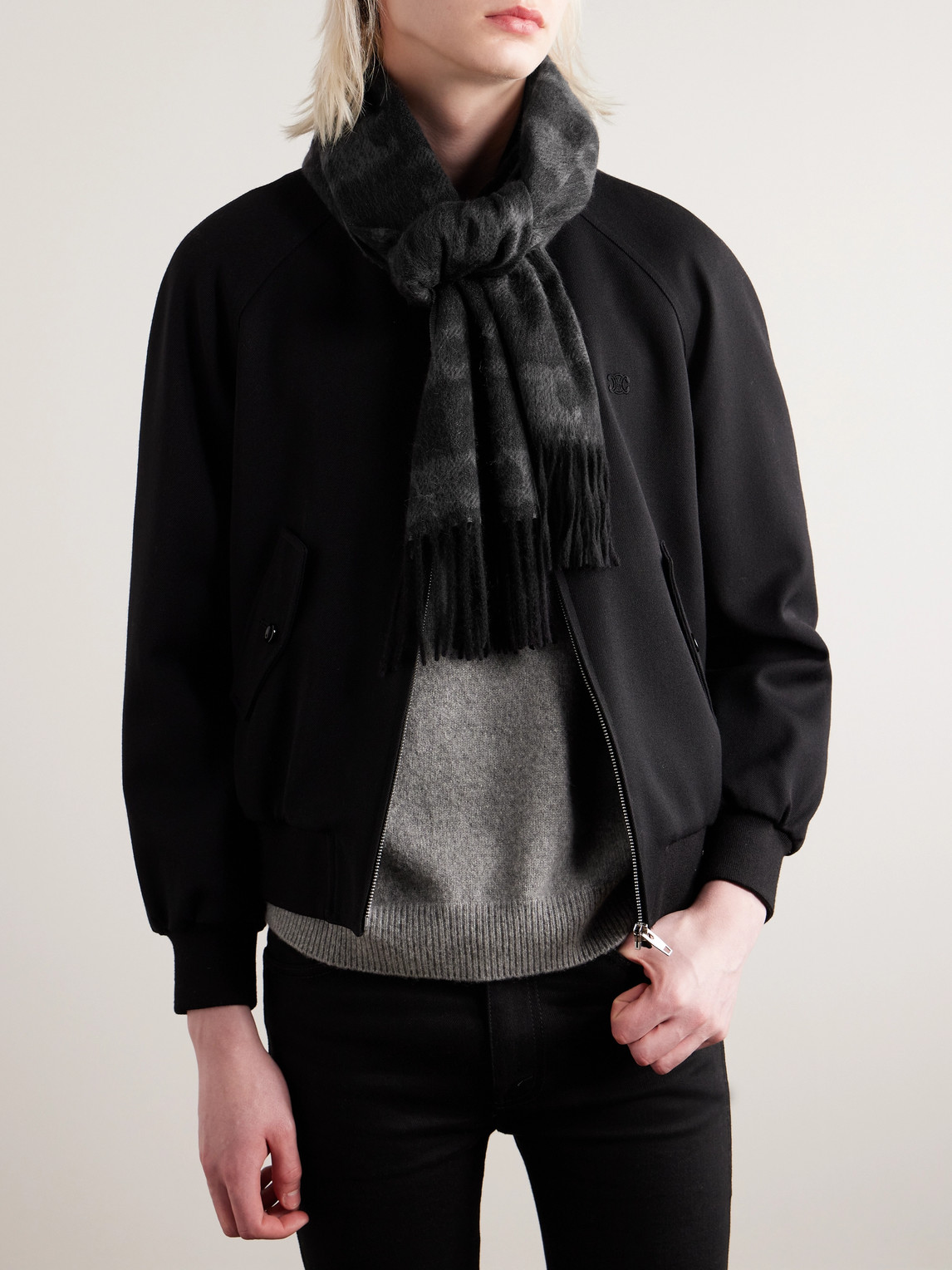 Triomphe Fringed Monogrammed Jacquard-Knit Cashmere Scarf — 2