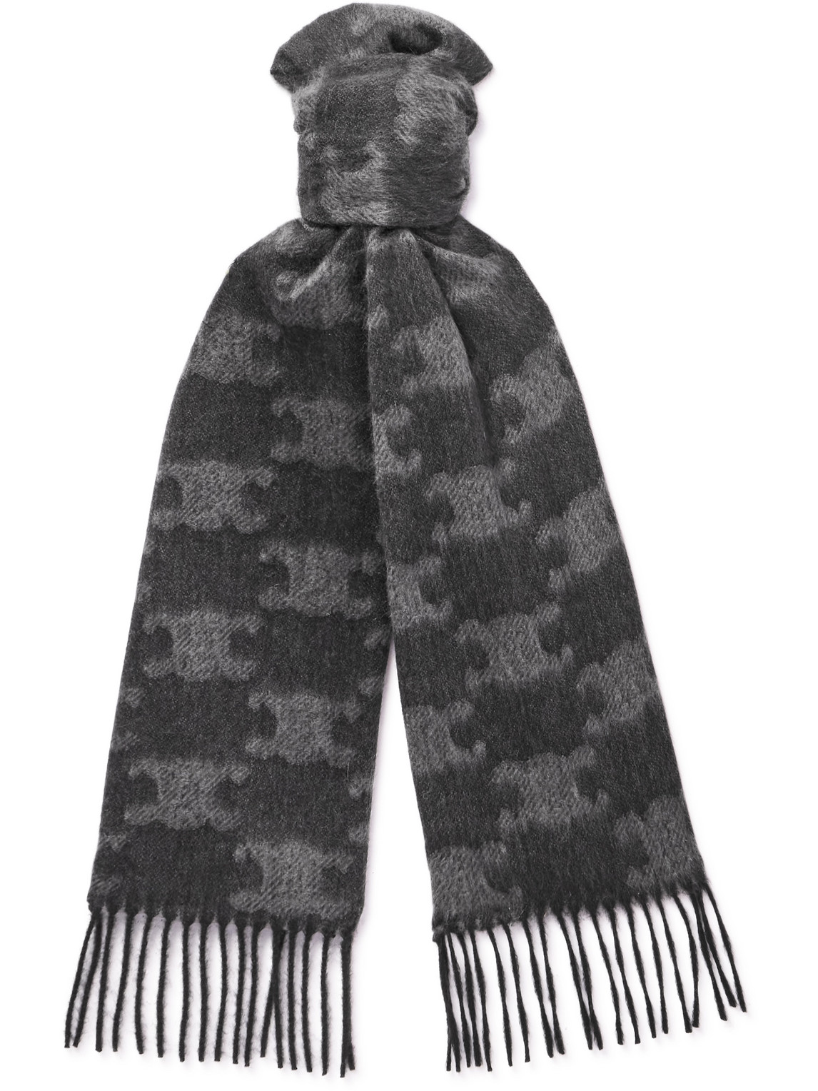 Celine Triomphe Fringed Monogrammed Jacquard-knit Cashmere Scarf In Gray