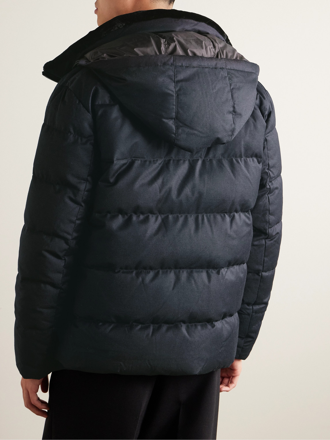Shop Yves Salomon Shearling-trimmed Quilted Virgin Wool And Silk-blend Hooded Down Coat In Blue