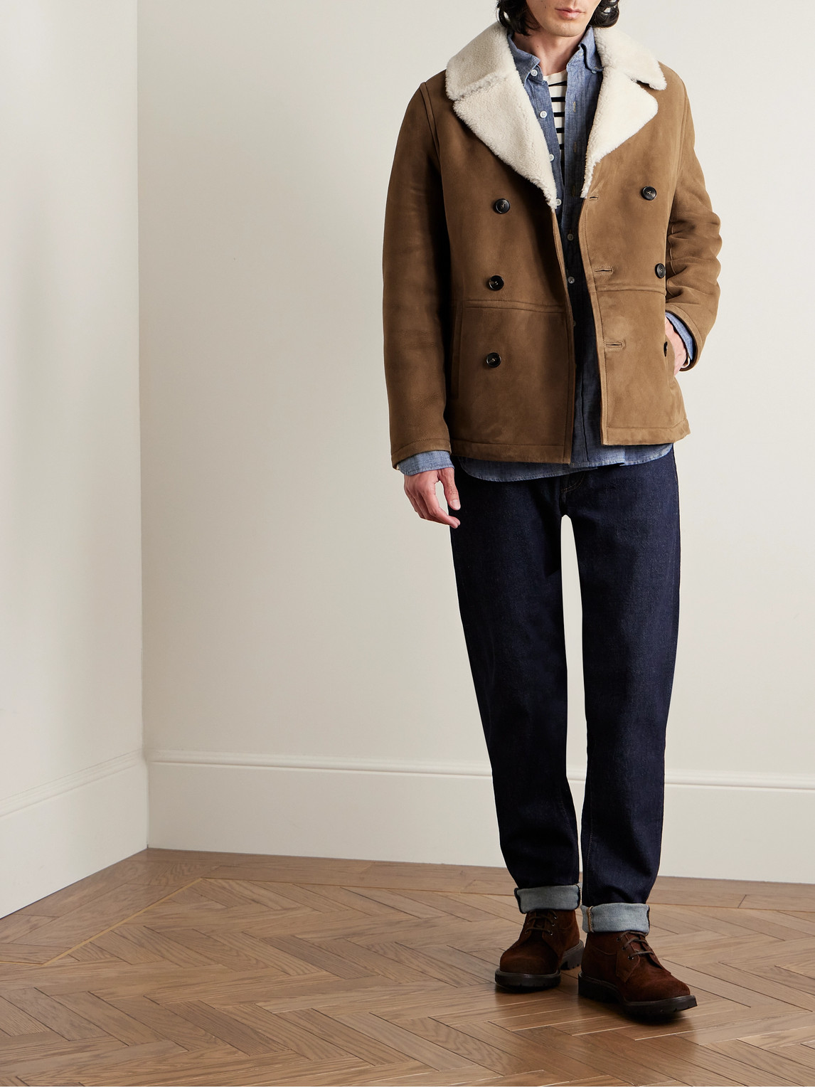 Shop Yves Salomon Double-breasted Shearling Peacoat In Brown