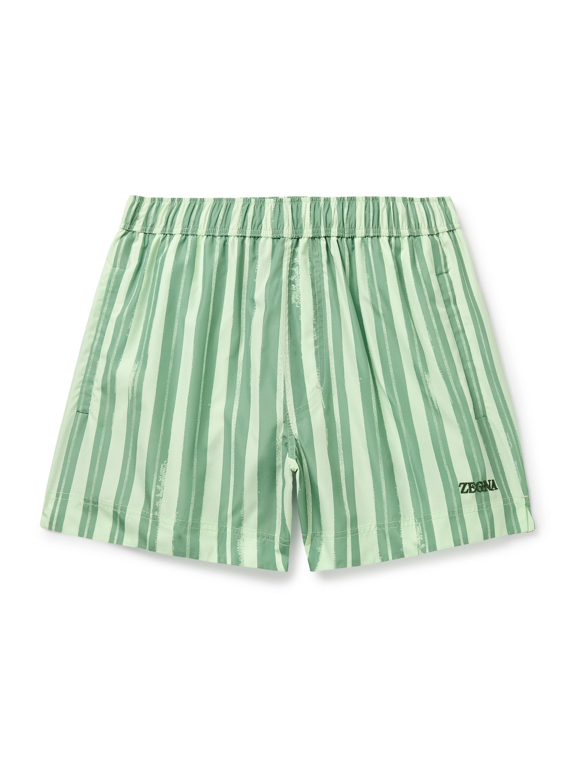 Zegna Straight-leg Mid-length Logo-embroidered Striped Shell Swim Shorts In Green