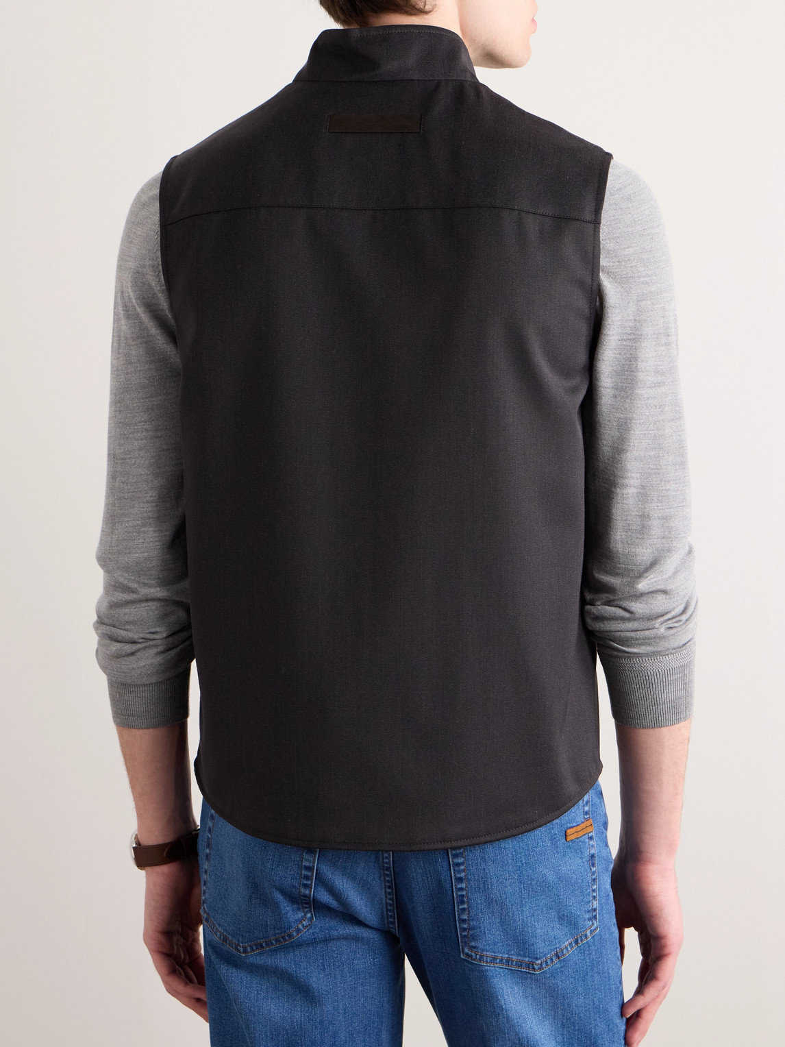 ZEGNA LEATHER-TRIMMED WOOL, MOHAIR AND SILK-BLEND TWILL GILET