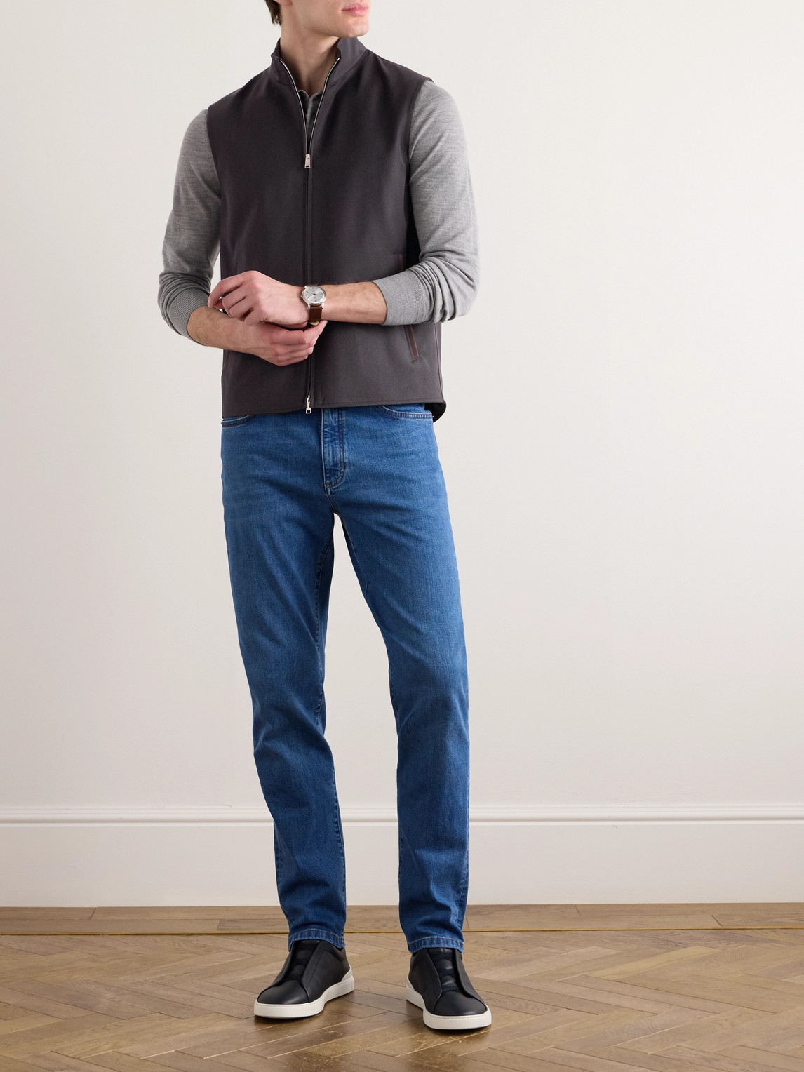 ZEGNA LEATHER-TRIMMED WOOL, MOHAIR AND SILK-BLEND TWILL GILET