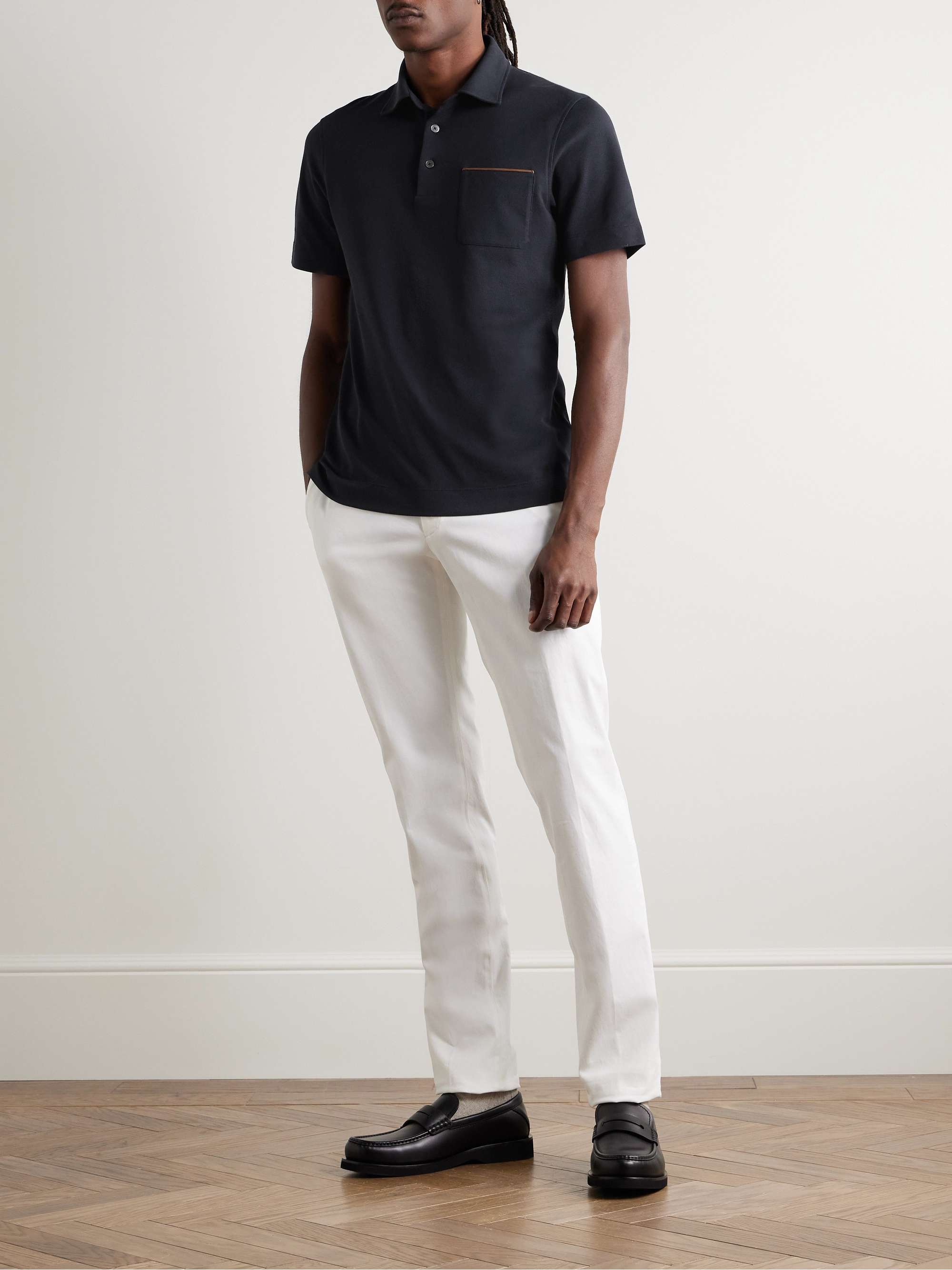 ZEGNA Leather-Trimmed Cotton-Piqué Polo Shirt for Men | MR PORTER