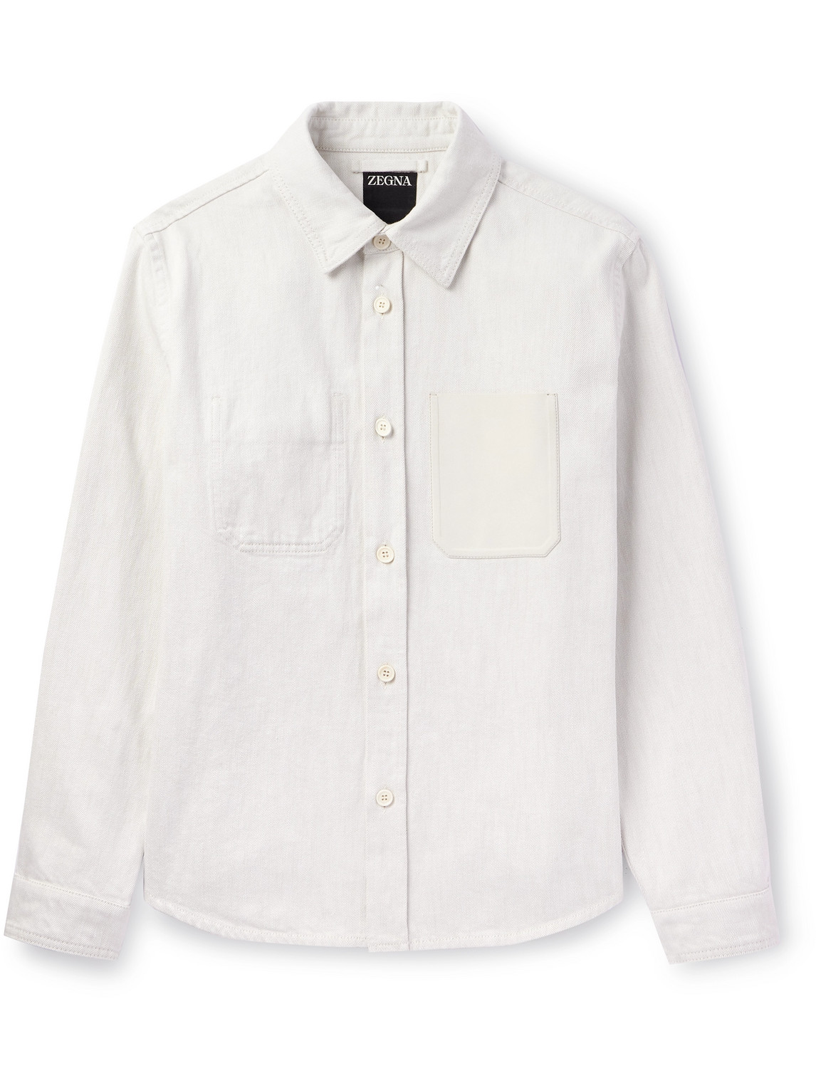 Zegna Leather-trimmed Denim Overshirt In Neutrals