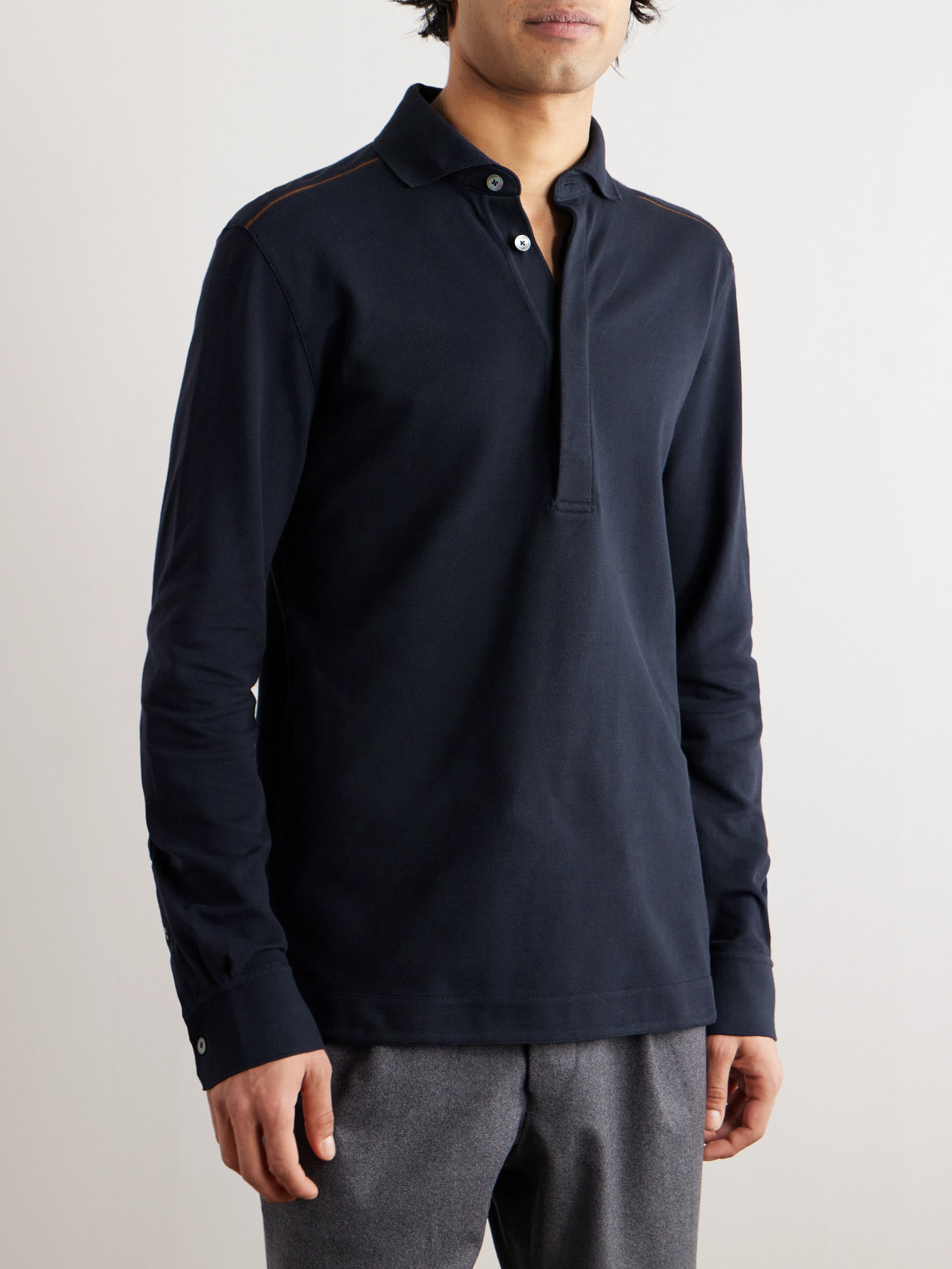 Shop Zegna Leather-trimmed Cotton-piqué Polo Shirt In Blue