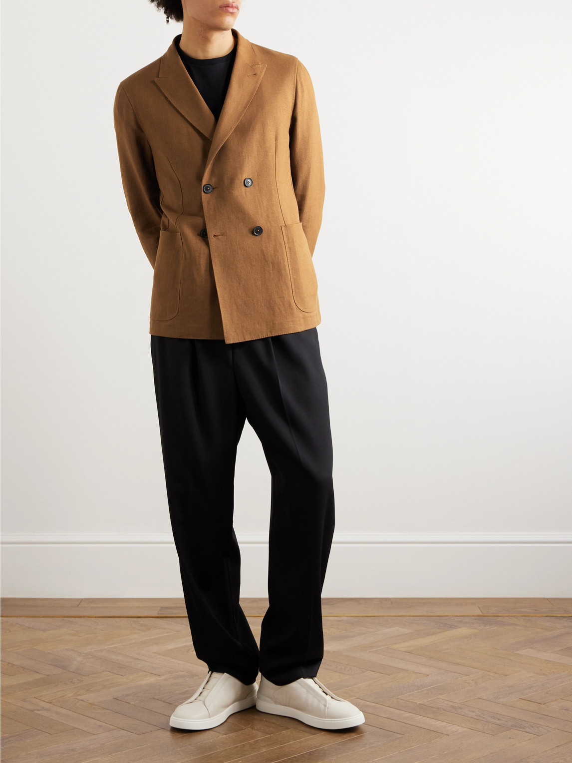 Zegna Double-breasted Linen And Wool-blend Suit Jacket In Brown