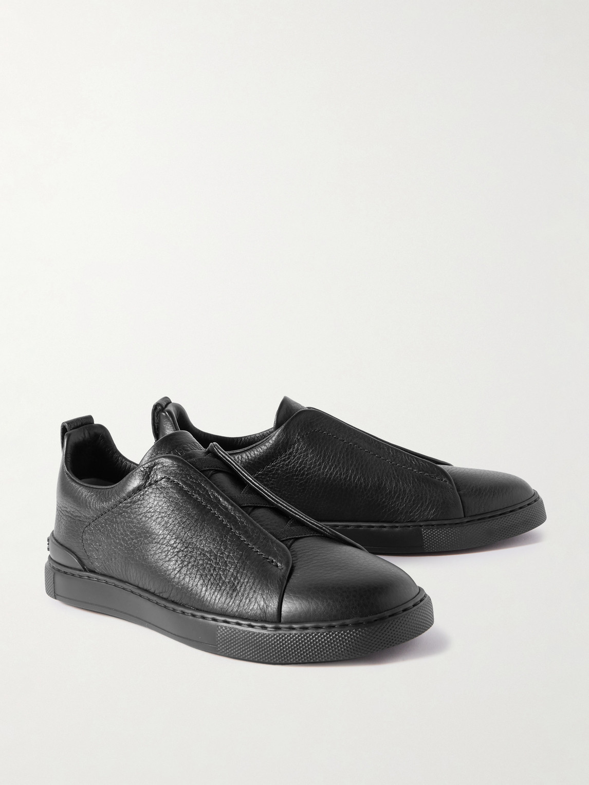Zegna Textured Leather Round Toe Sneakers In Black