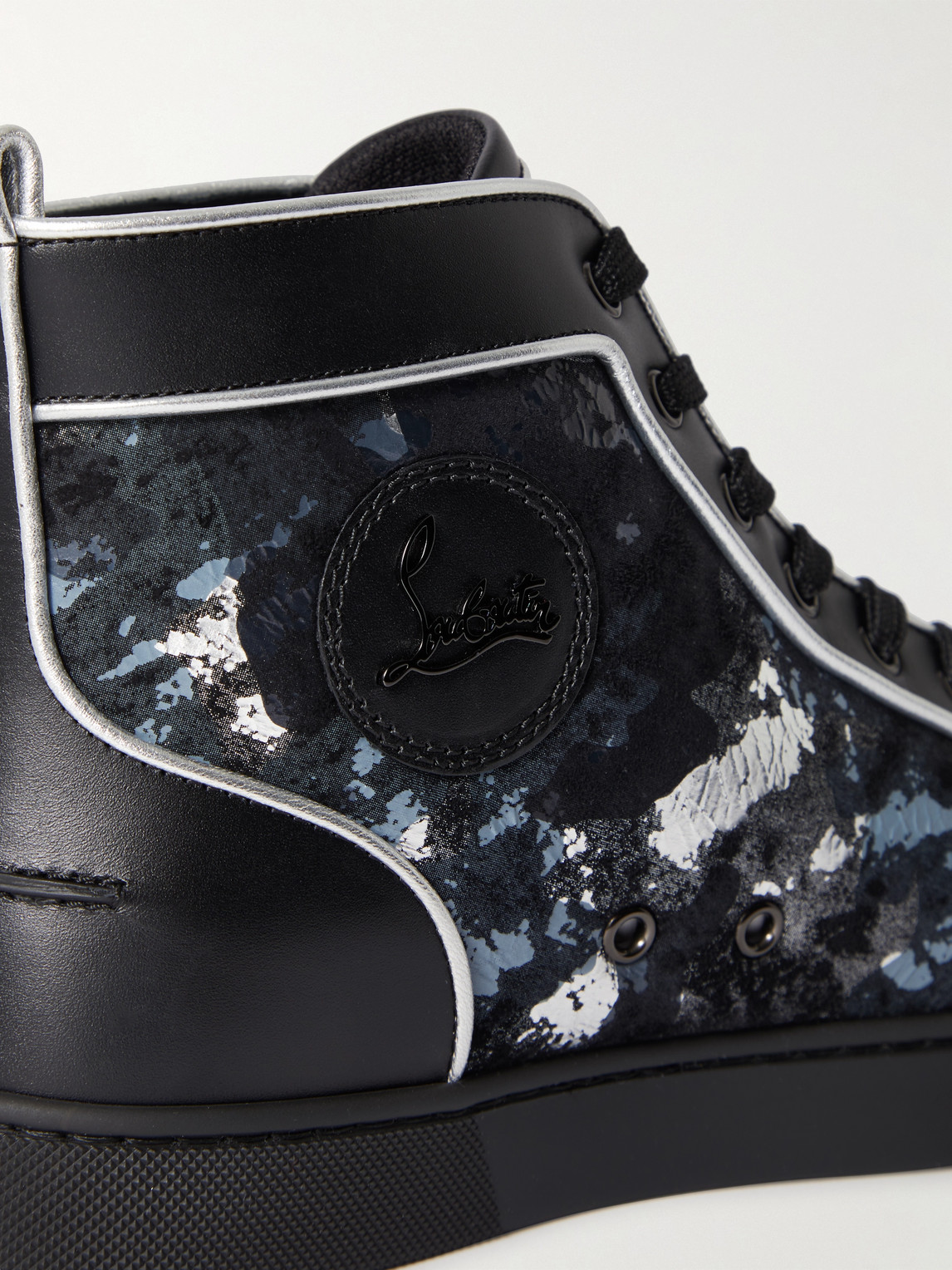 Shop Christian Louboutin Louis Metallic Camouflage-print Leather High-top Sneakers In Black