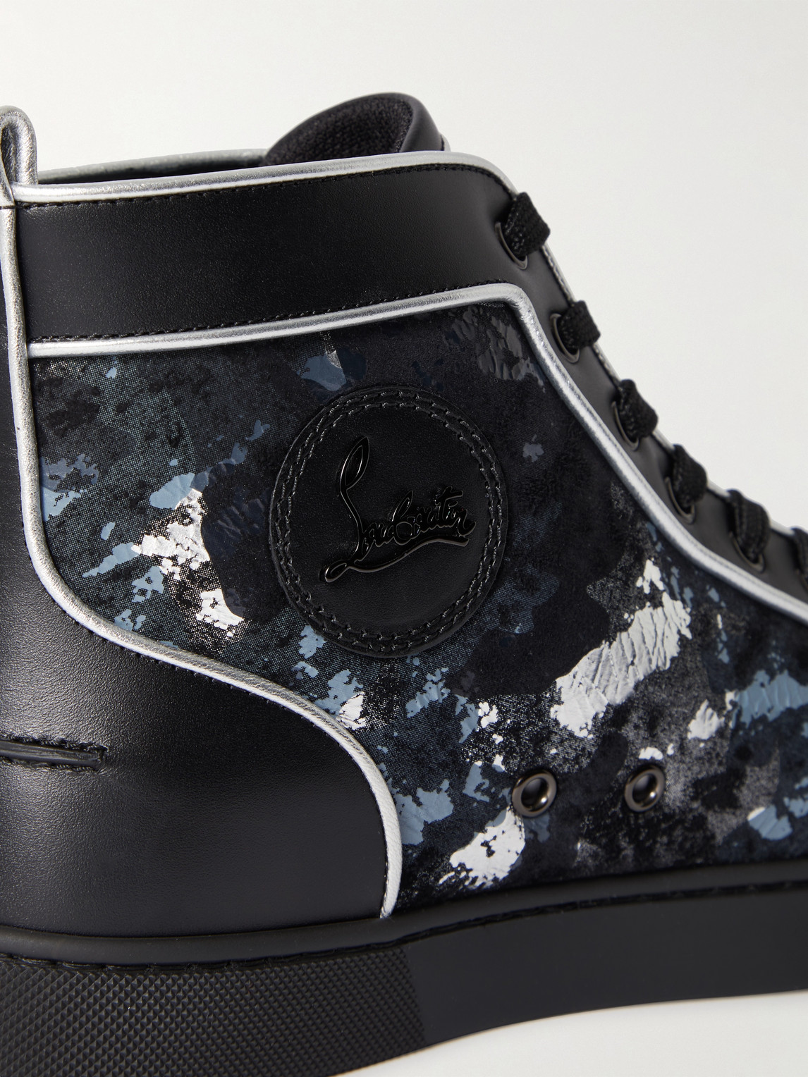 Christian Louboutin Louis Metallic Camouflage-print Leather High-top Sneakers In Black