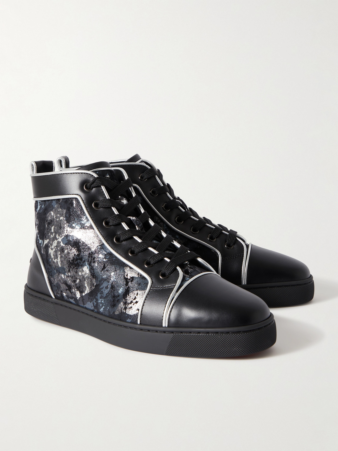 Christian Louboutin Louis Metallic Camouflage-print Leather High-top Sneakers In Black