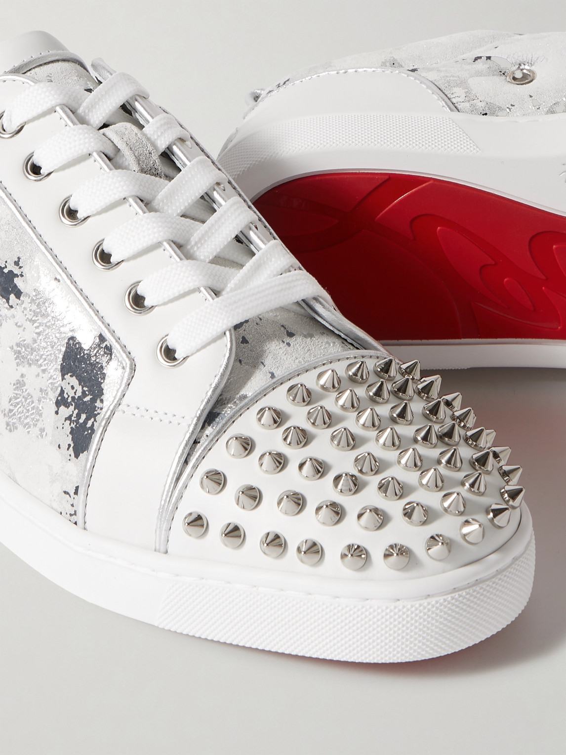 Shop Christian Louboutin Louis Junior Spikes Orlato Suede And Leather Sneakers In White