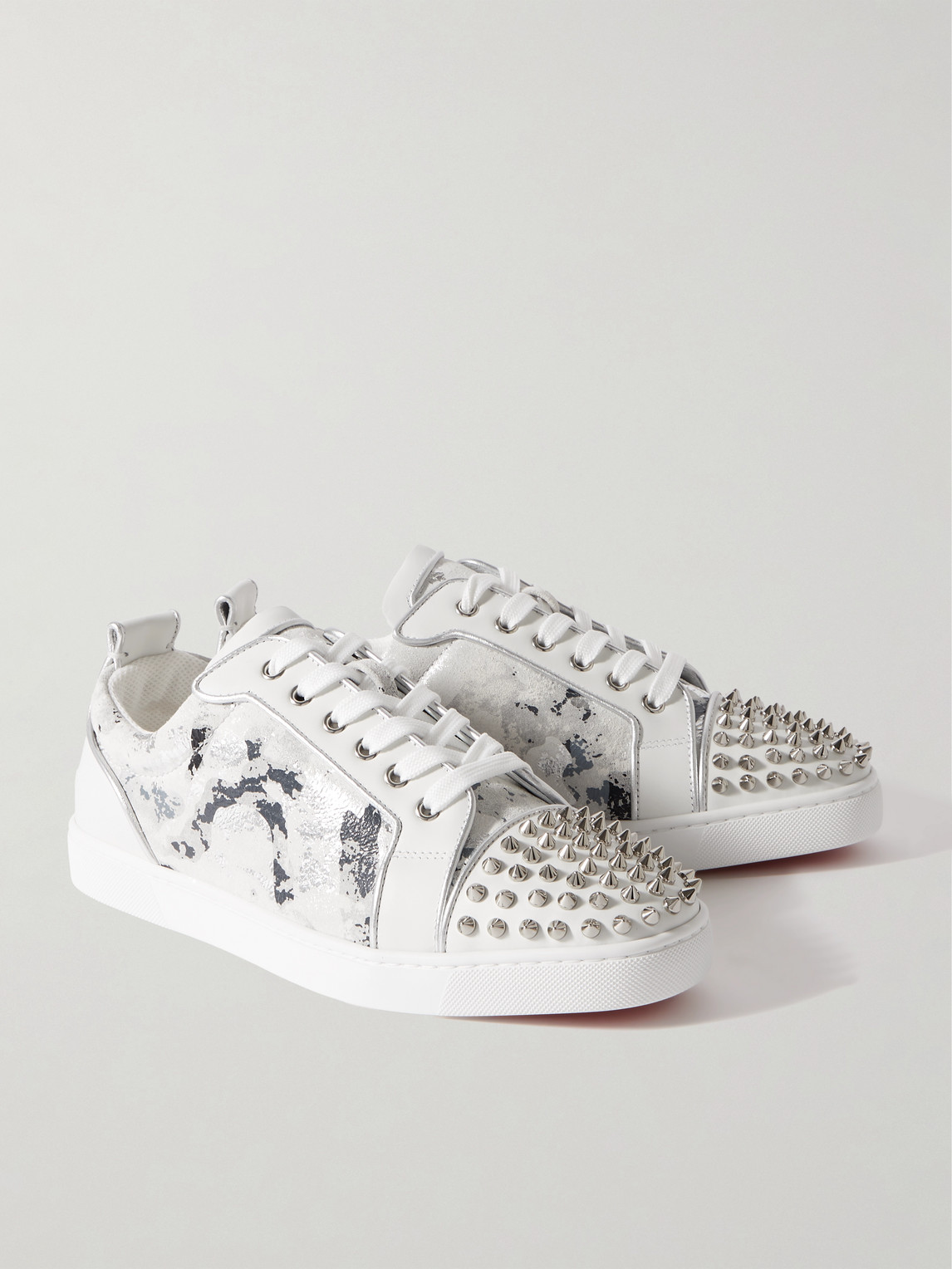 Shop Christian Louboutin Louis Junior Spikes Orlato Suede And Leather Sneakers In White