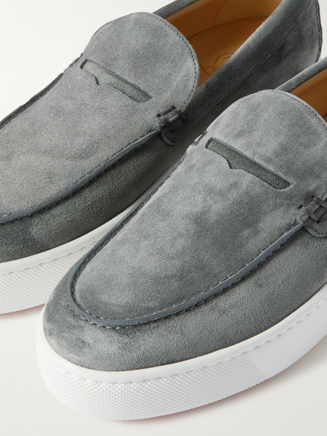 Shop Christian Louboutin Paqueboat Suede Penny Loafers In Gray