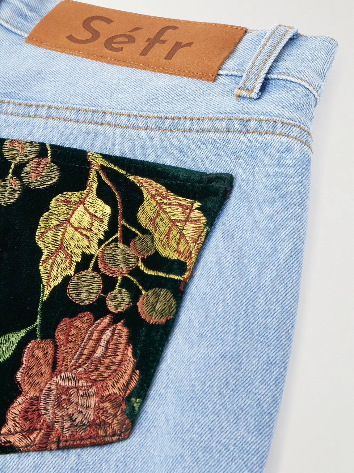 Shop Séfr Flared Embroidered Velour-trimmed Jeans In Blue